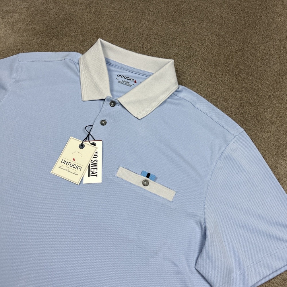 NEW Untuckit Polo Shirt Mens Large Light Blue Wicking Stretch Performance Pique